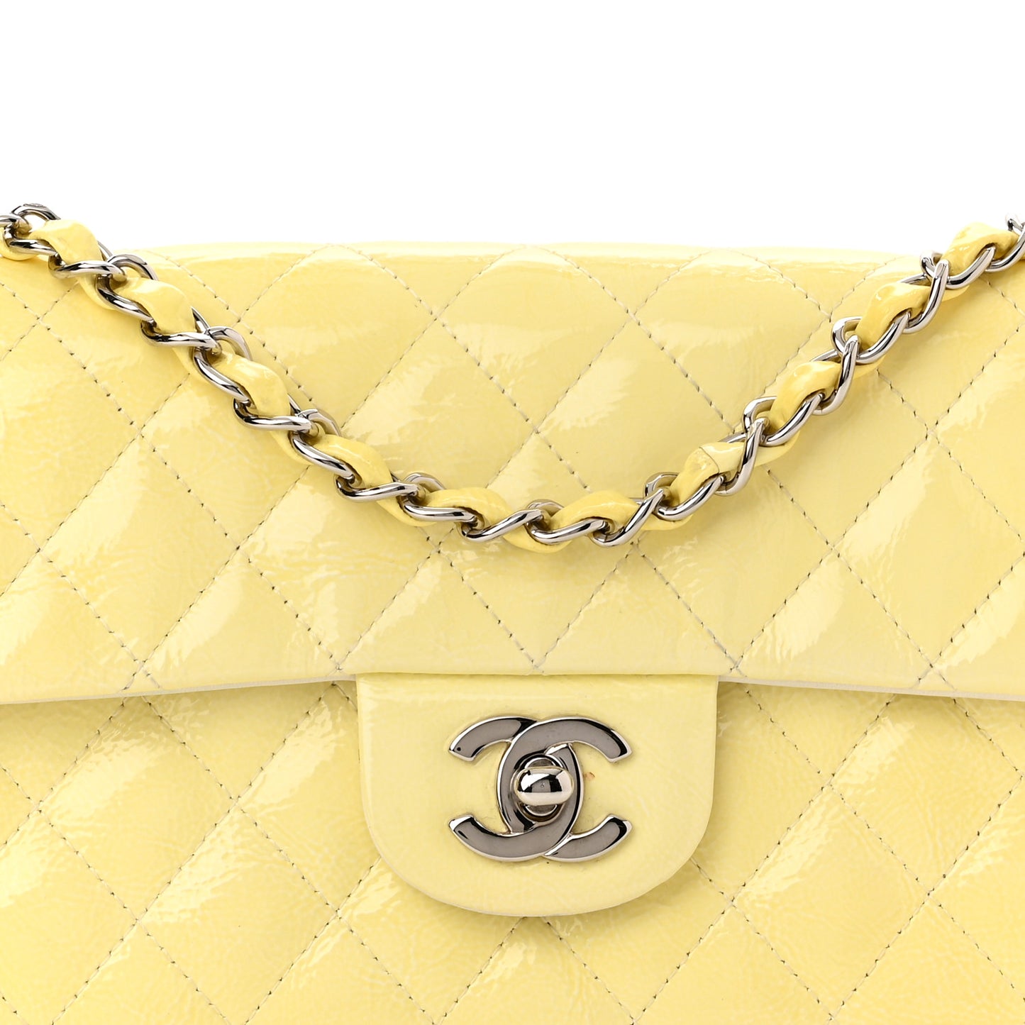 Distressed Patent Calfskin Quilted East West Flap Clutch Ivory