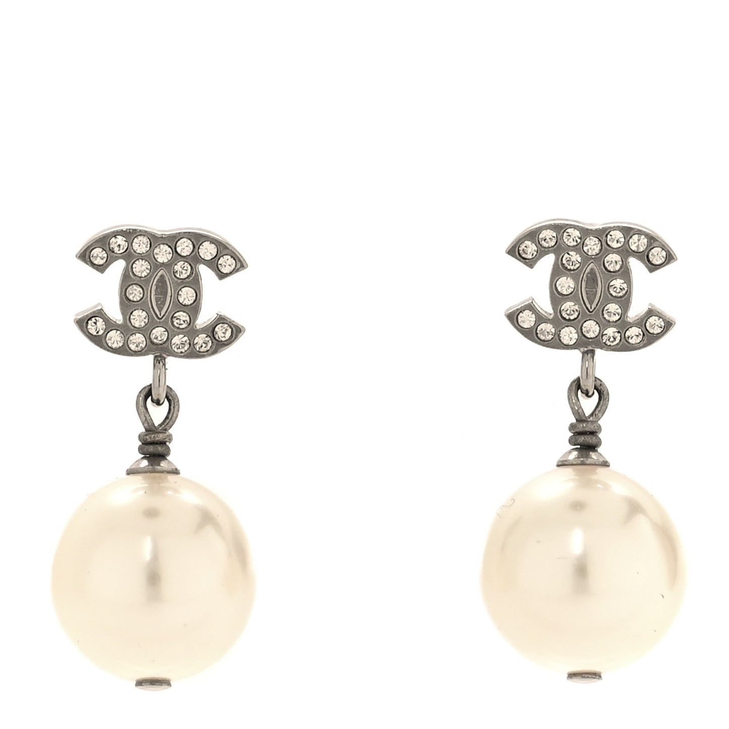 Crystal Pearl CC Drop Earrings Silver Pearly White