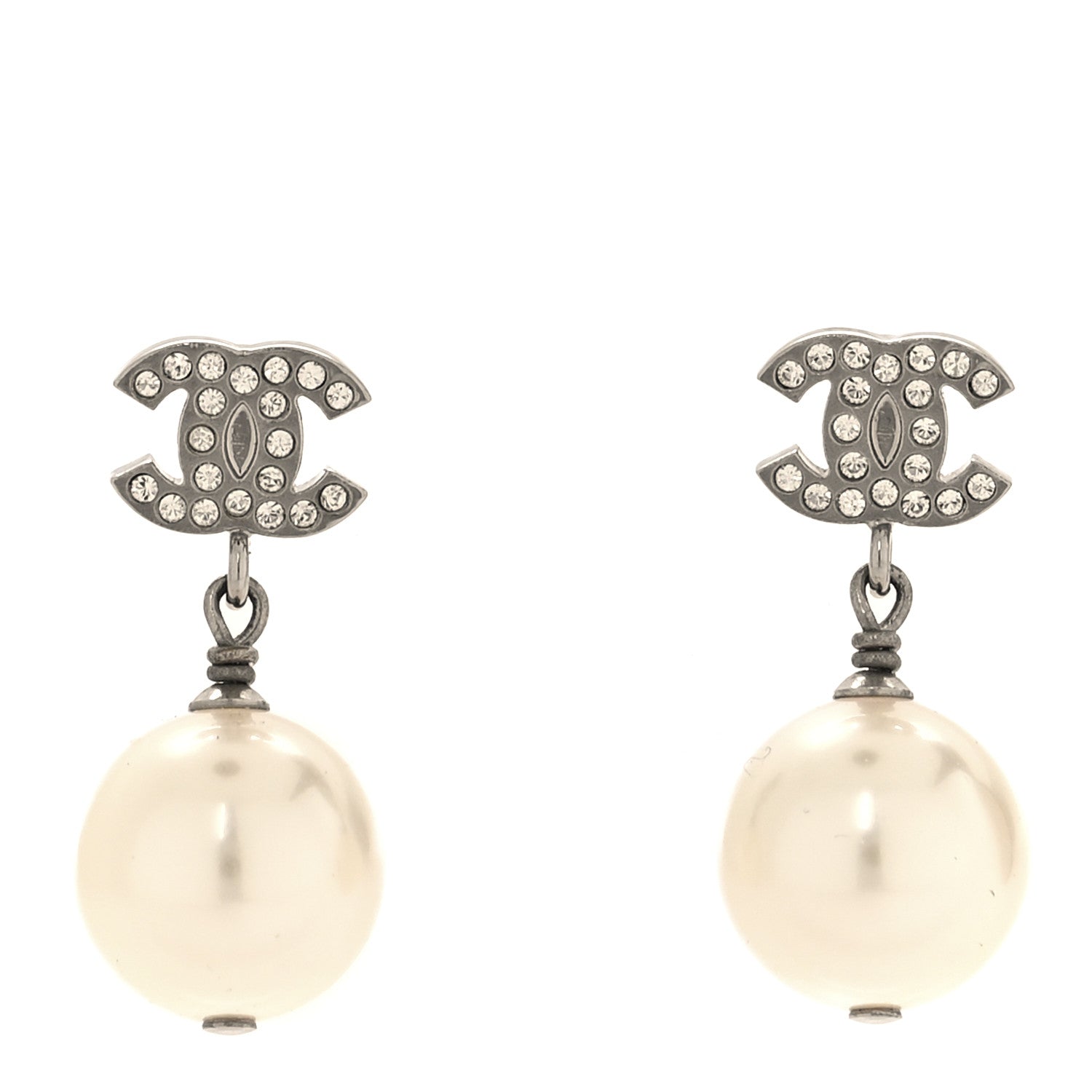 Chanel Crystal Pearl CC Drop Earrings Silver Pearly White 1 of 5