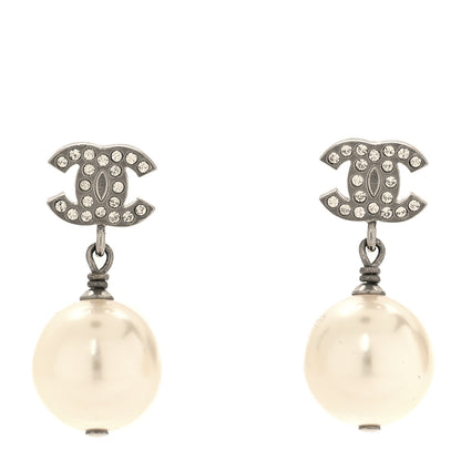 Chanel Crystal Pearl CC Drop Earrings Silver Pearly White 1 of 5