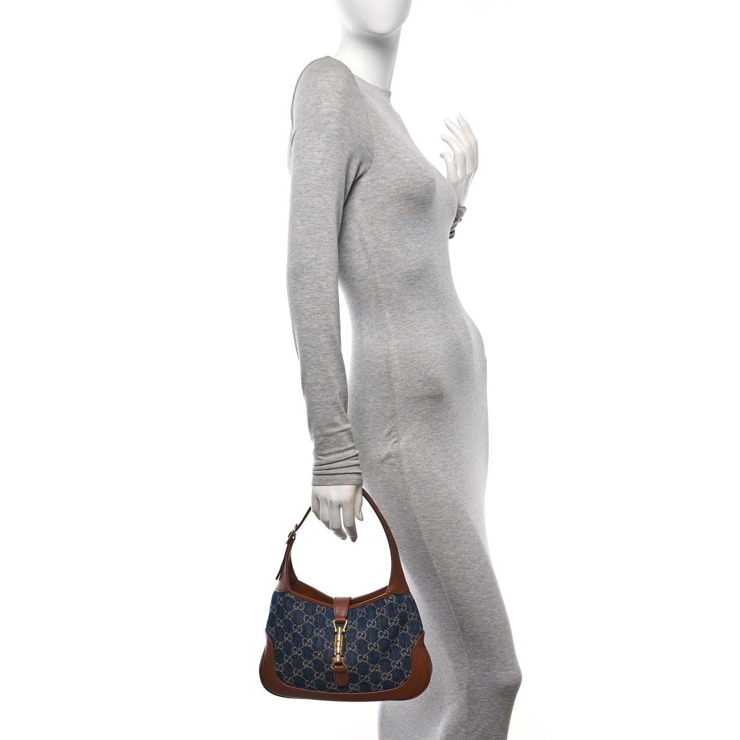New Denim GG Monogram Calfskin Small Jackie 1961 Hobo Blue Tea Cuir