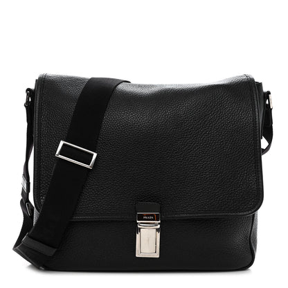 Prada Vitello Daino Flat Flap Messenger Bag Black 1 of 10