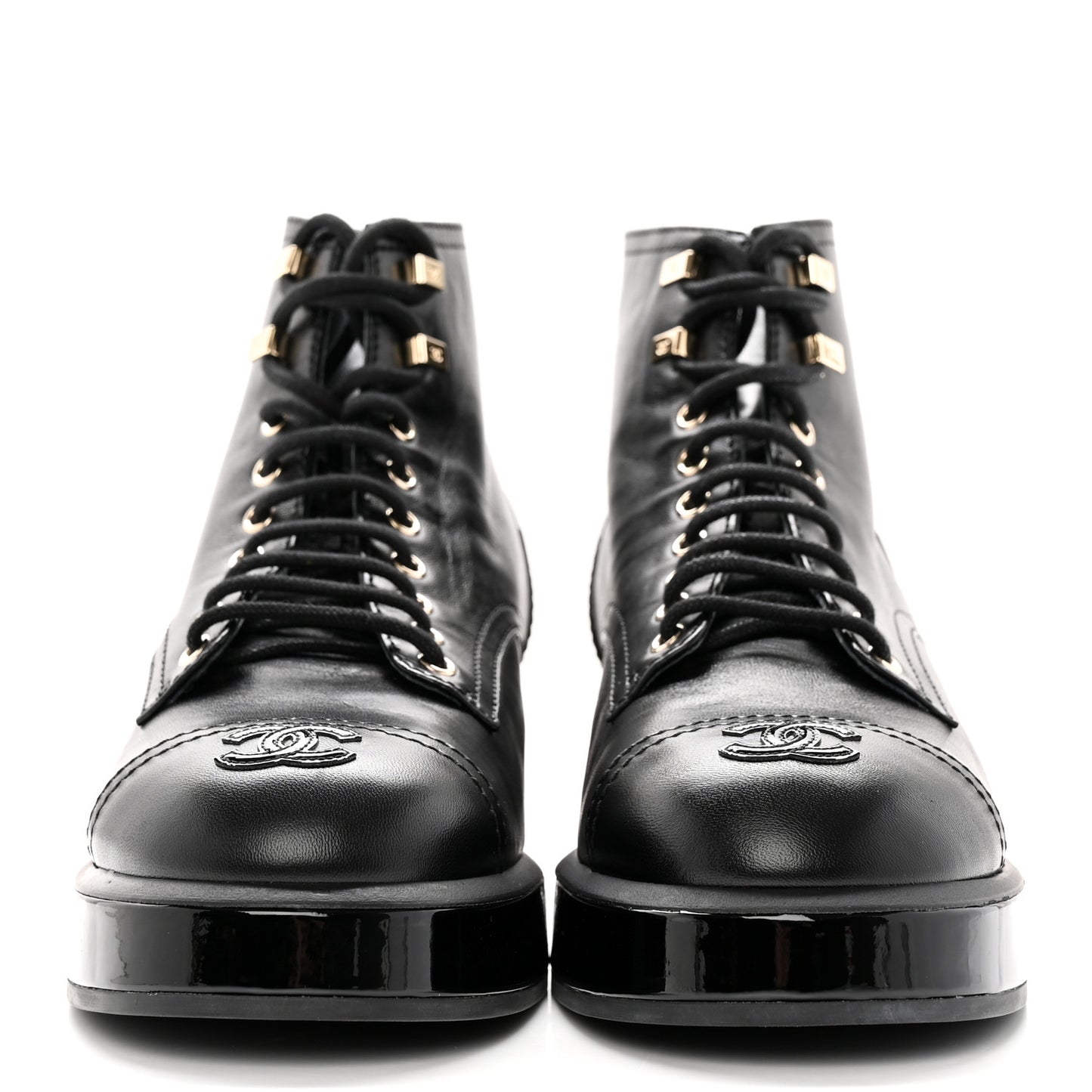 Shiny Calfskin Patent Lace Up Combat Short Boots 42 Black