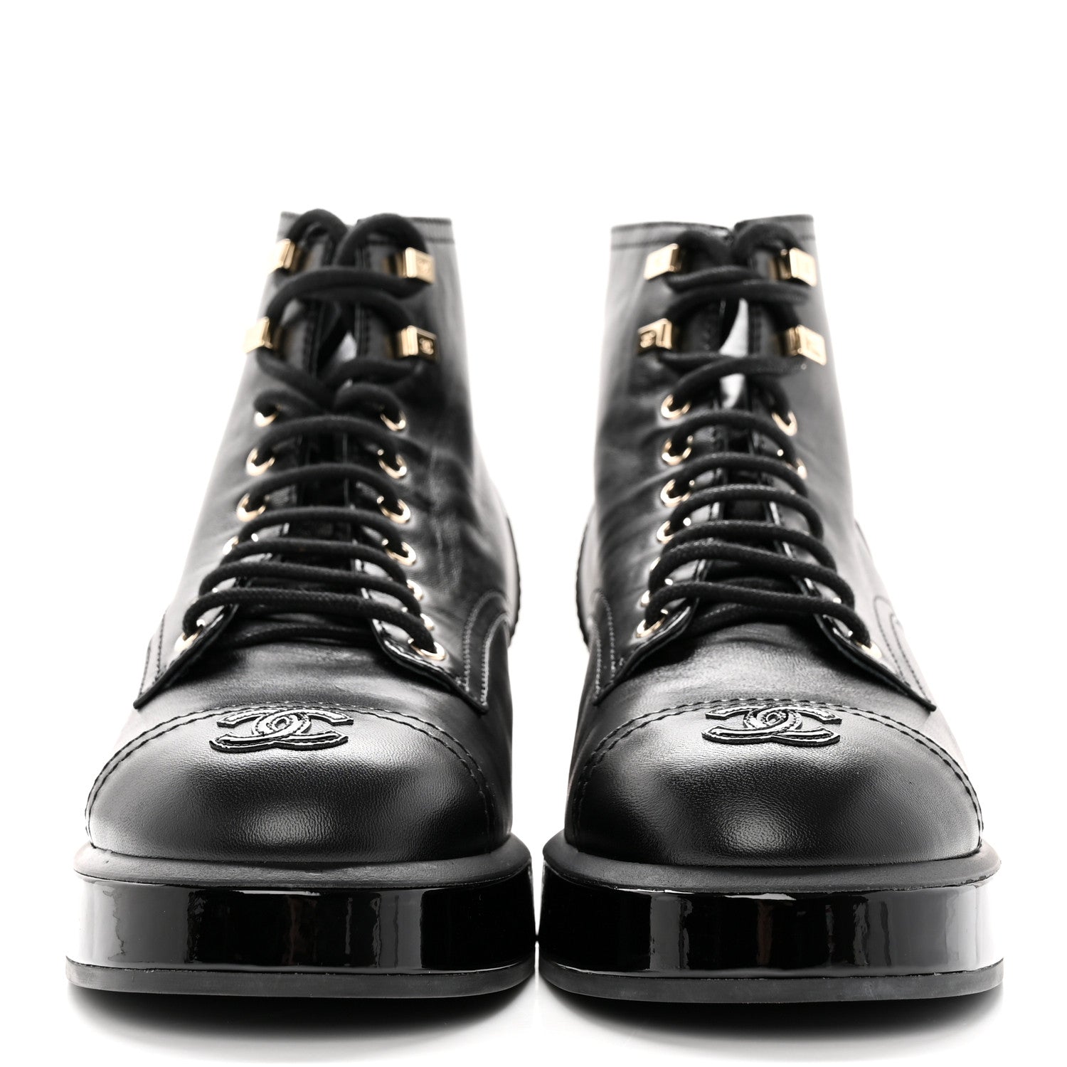 Chanel Shiny Calfskin Patent Lace Up Combat Short Boots 42 Black 2 of 12