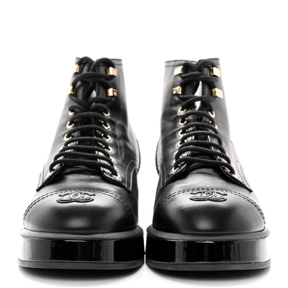 Chanel Shiny Calfskin Patent Lace Up Combat Short Boots 42 Black 2 of 12