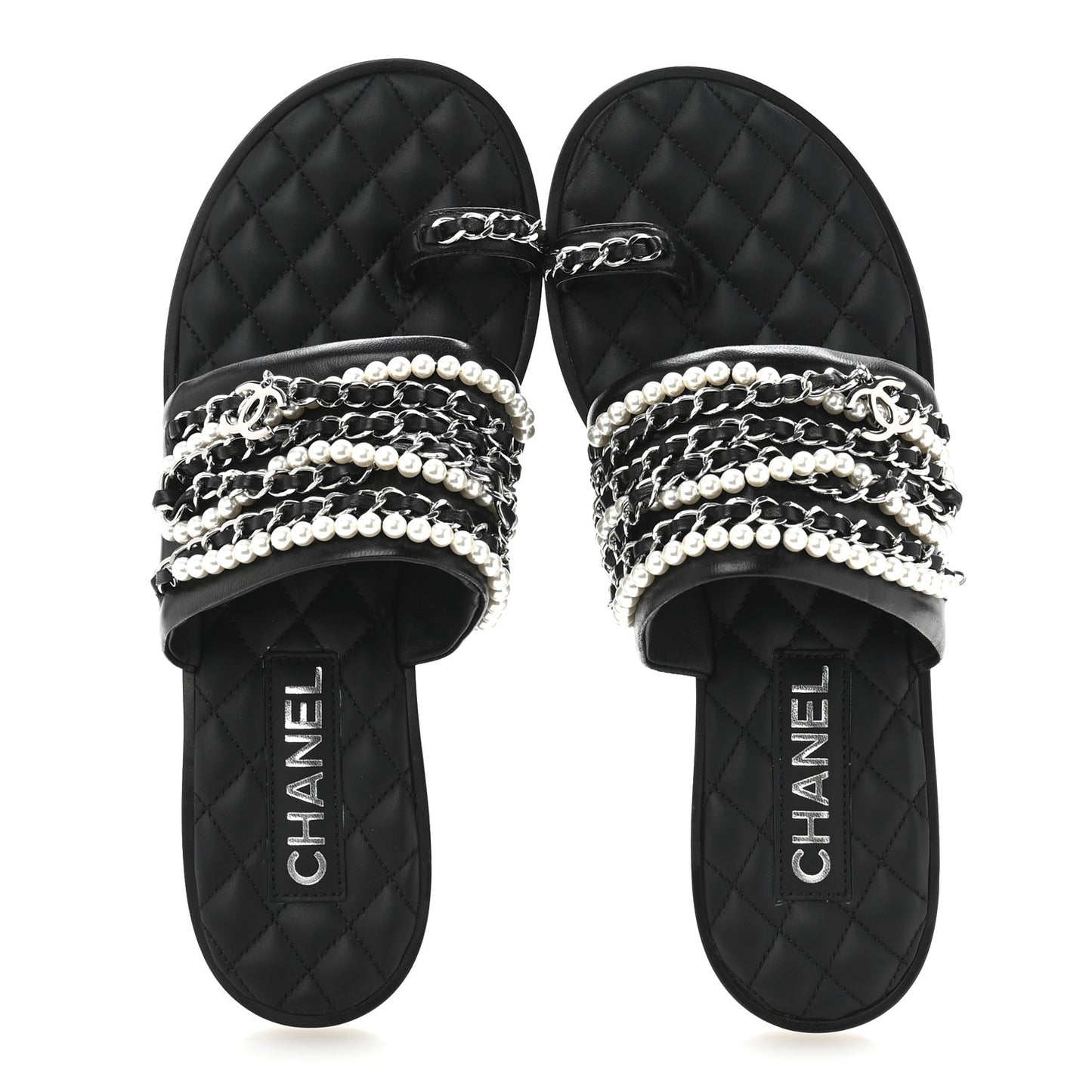 Pearl Lambskin Chain Flat Sandals 38.5 Black