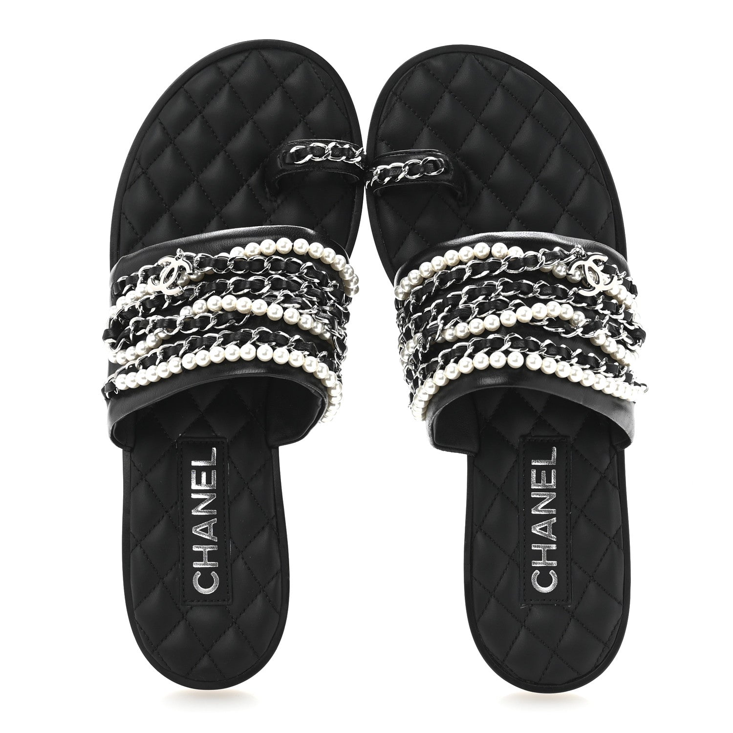 Chanel Pearl Lambskin Chain Flat Sandals 38.5 Black 2 of 10