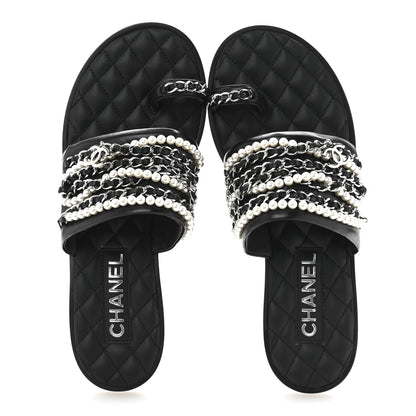 Chanel Pearl Lambskin Chain Flat Sandals 38.5 Black 2 of 10