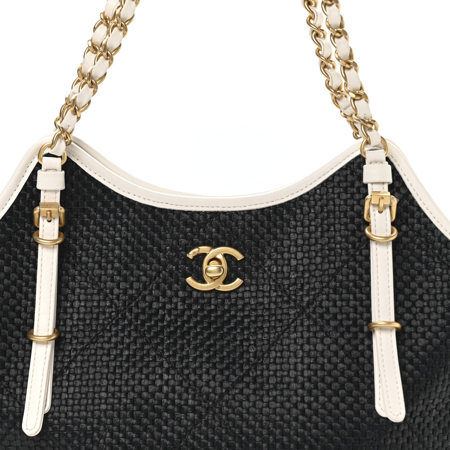 Chanel Calfskin Raffia Braided Small Shopping Tote Black White 14 of 21