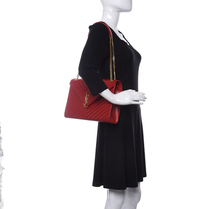 Saint Laurent Grain De Poudre Matelasse Chevron Large Monogram Satchel Lipstick Red 2 of 13