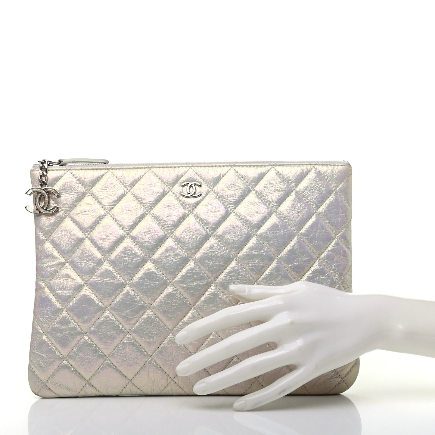Iridescent Crumpled Calfskin CC Ripples Medium Cosmetic Case White