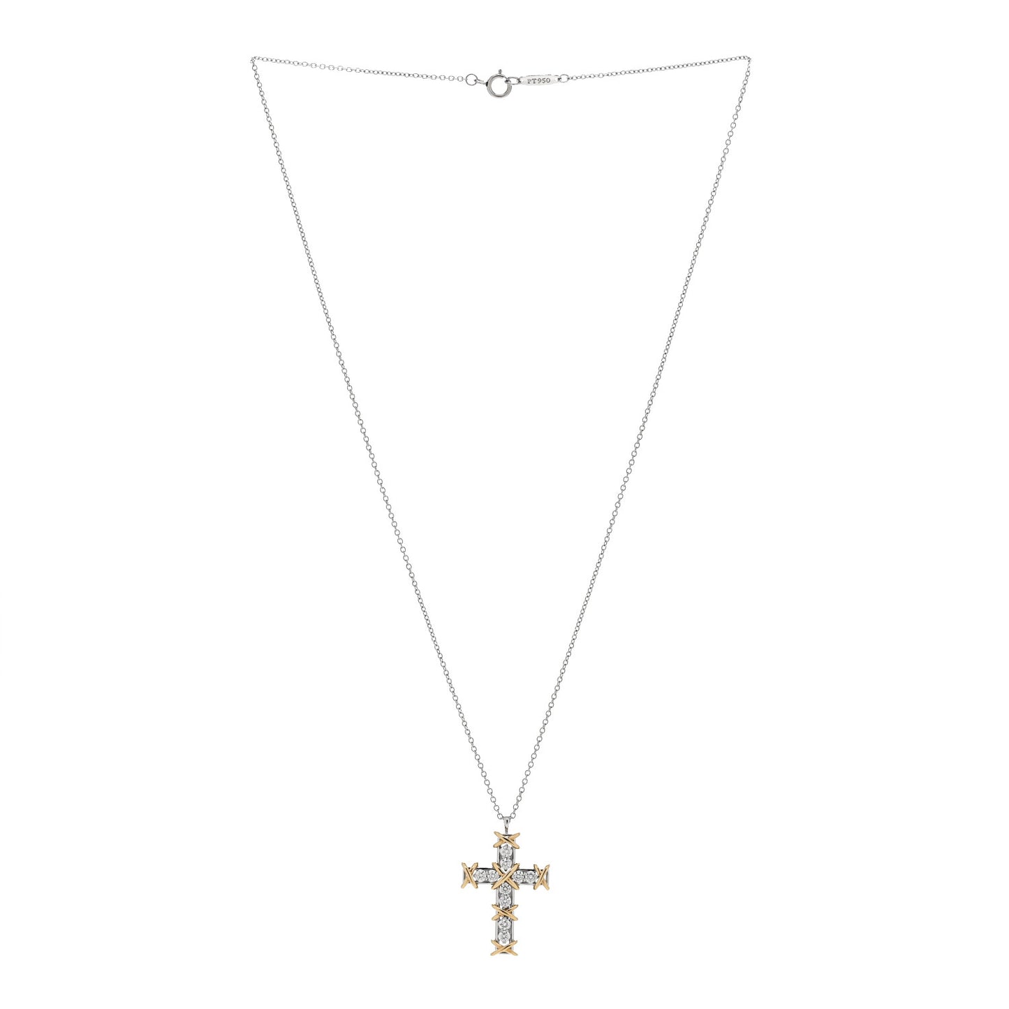 Platinum 18K Yellow Gold Diamond Schlumberger Ten Stone Cross Pendant Necklace