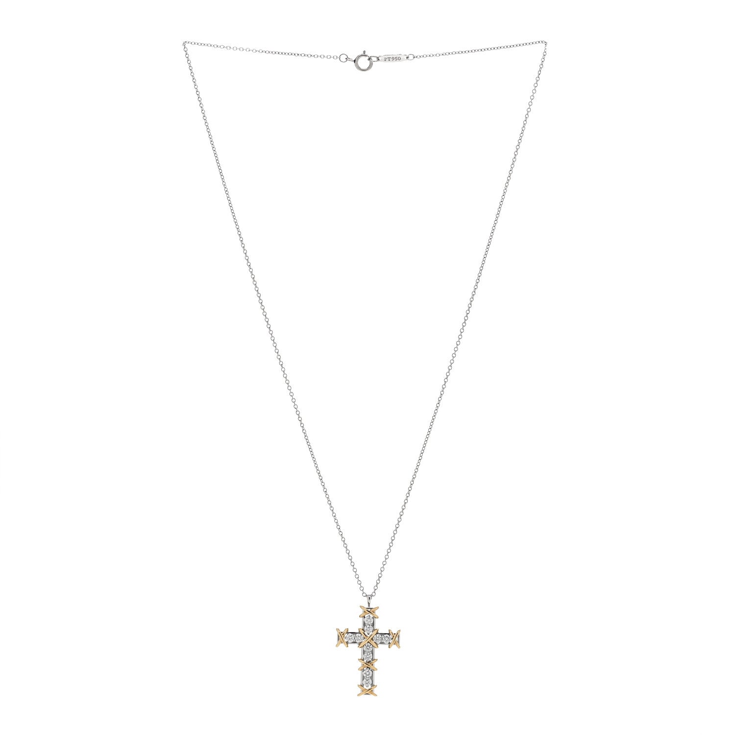Tiffany Platinum 18K Yellow Gold Diamond Schlumberger Ten Stone Cross Pendant Necklace 3 of 5