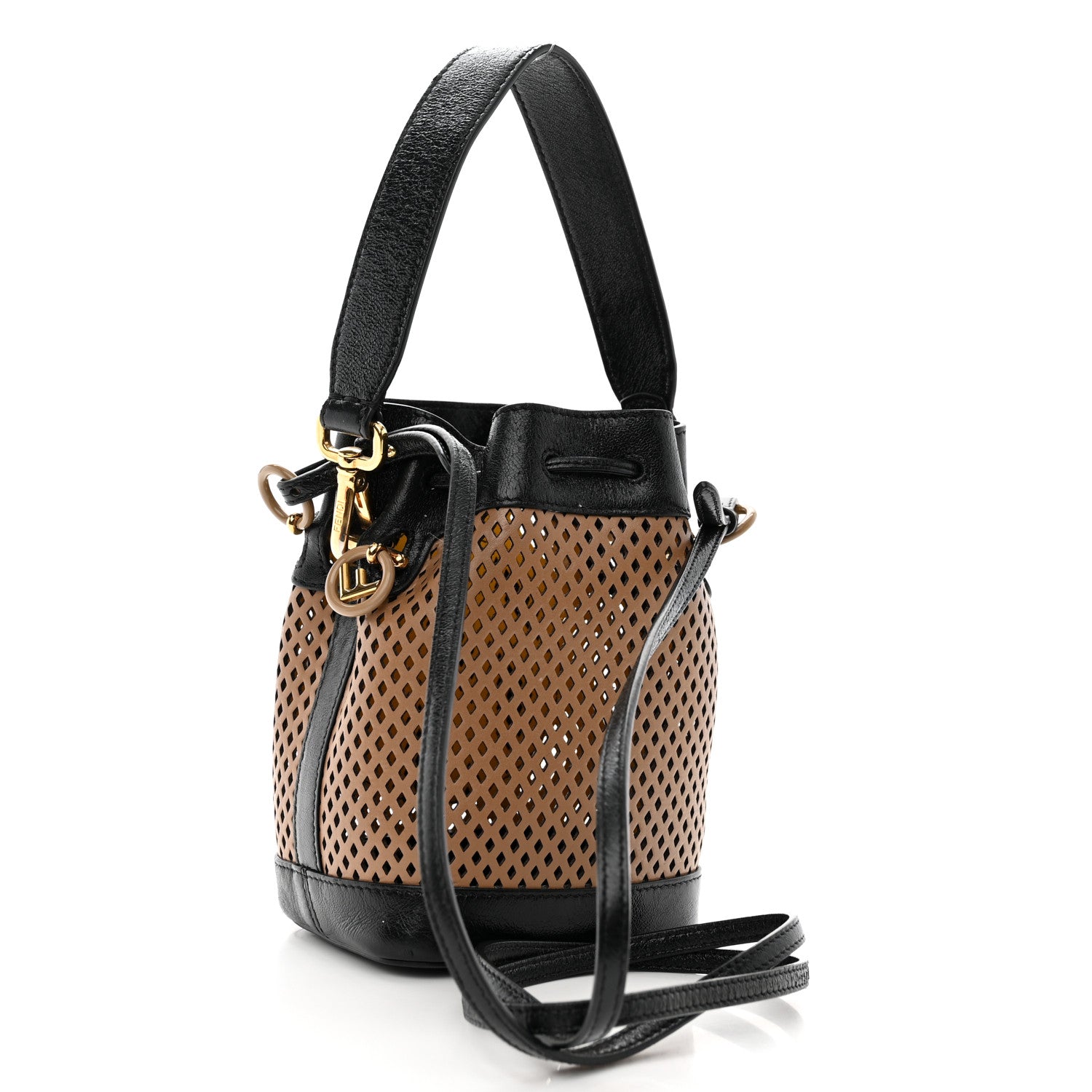 Fendi Vitello Liberty Glossy Lambskin F is Fendi Perforated Mini Mon Tresor Bucket Bag Sand Mimosa Black 3 of 14