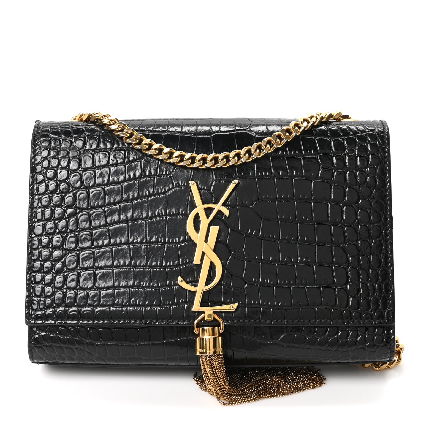 Calfskin Crocodile Embossed Small Classic Monogram Kate Tassel Satchel Black