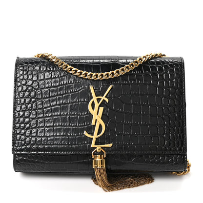 Saint Laurent Calfskin Crocodile Embossed Small Classic Monogram Kate Tassel Satchel Black 1 of 10
