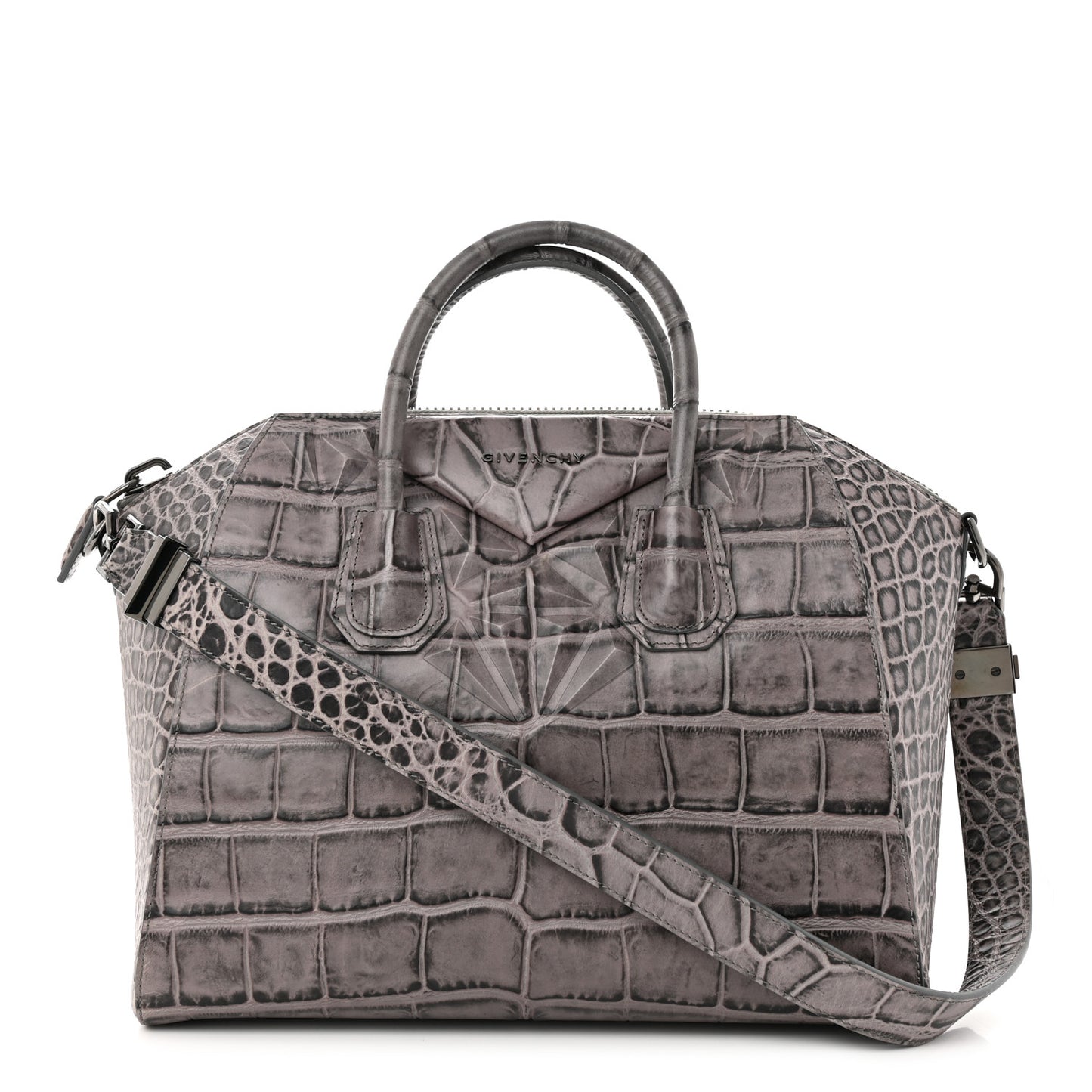 Calfskin Crocodile Embossed 3D Stud Medium Antigona Storm Grey
