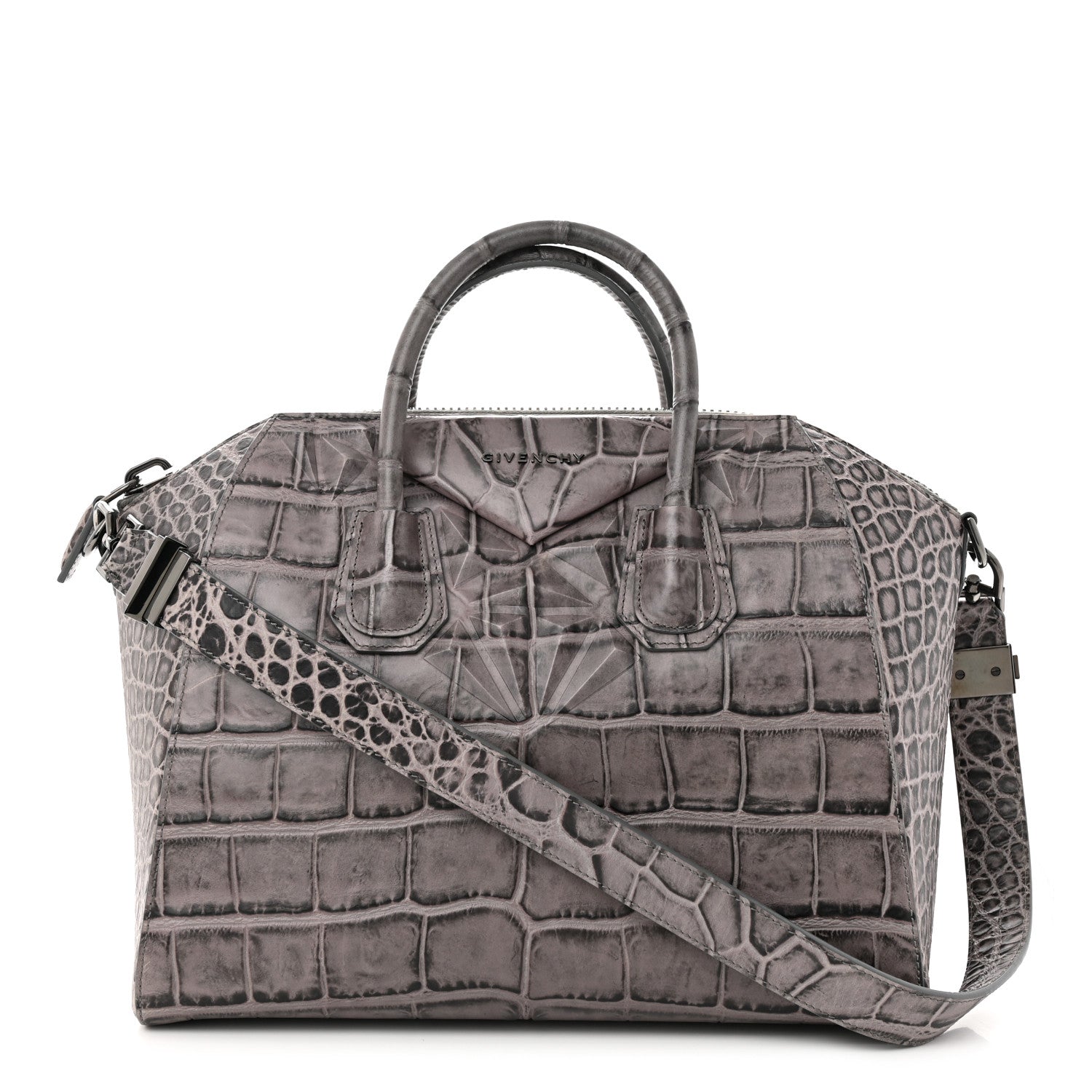 Givenchy Calfskin Crocodile Embossed 3D Stud Medium Antigona Storm Grey 1 of 10