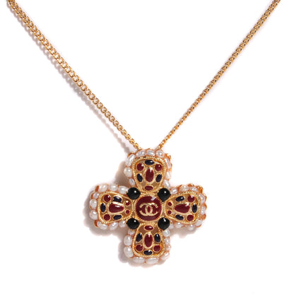 Chanel Gripoix Poured Glass Pearl Maltese Cross Necklace Gold 1 of 7