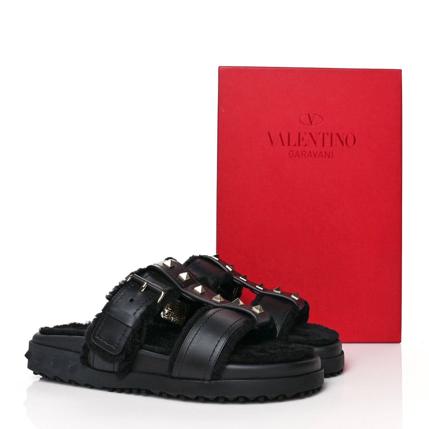 Valentino Garavani Shearling Rockstud Slide Sandals 37 Black 8 of 8