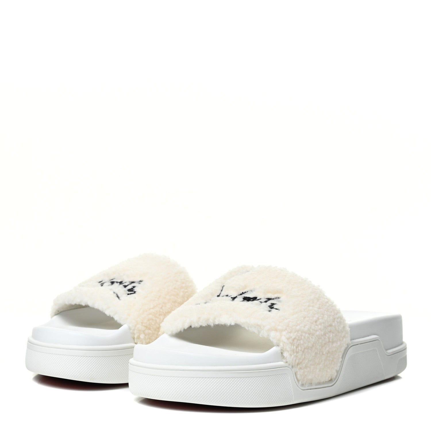 Christian Louboutin Faux Shearling Embroidered Pool Donna Flat Slide Sandals 35 White 3 of 11