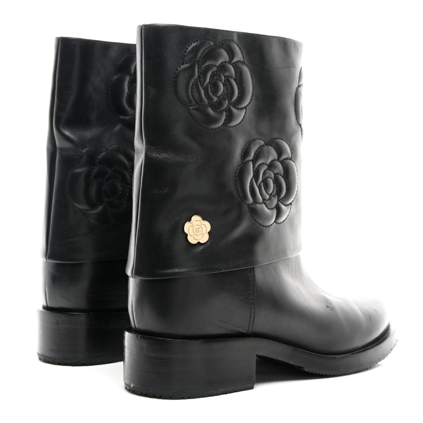 Calfskin Camellia Short Boots 37 Black