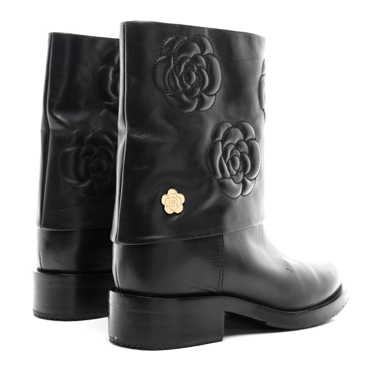 Chanel Calfskin Camellia Short Boots 37 Black 4 of 9