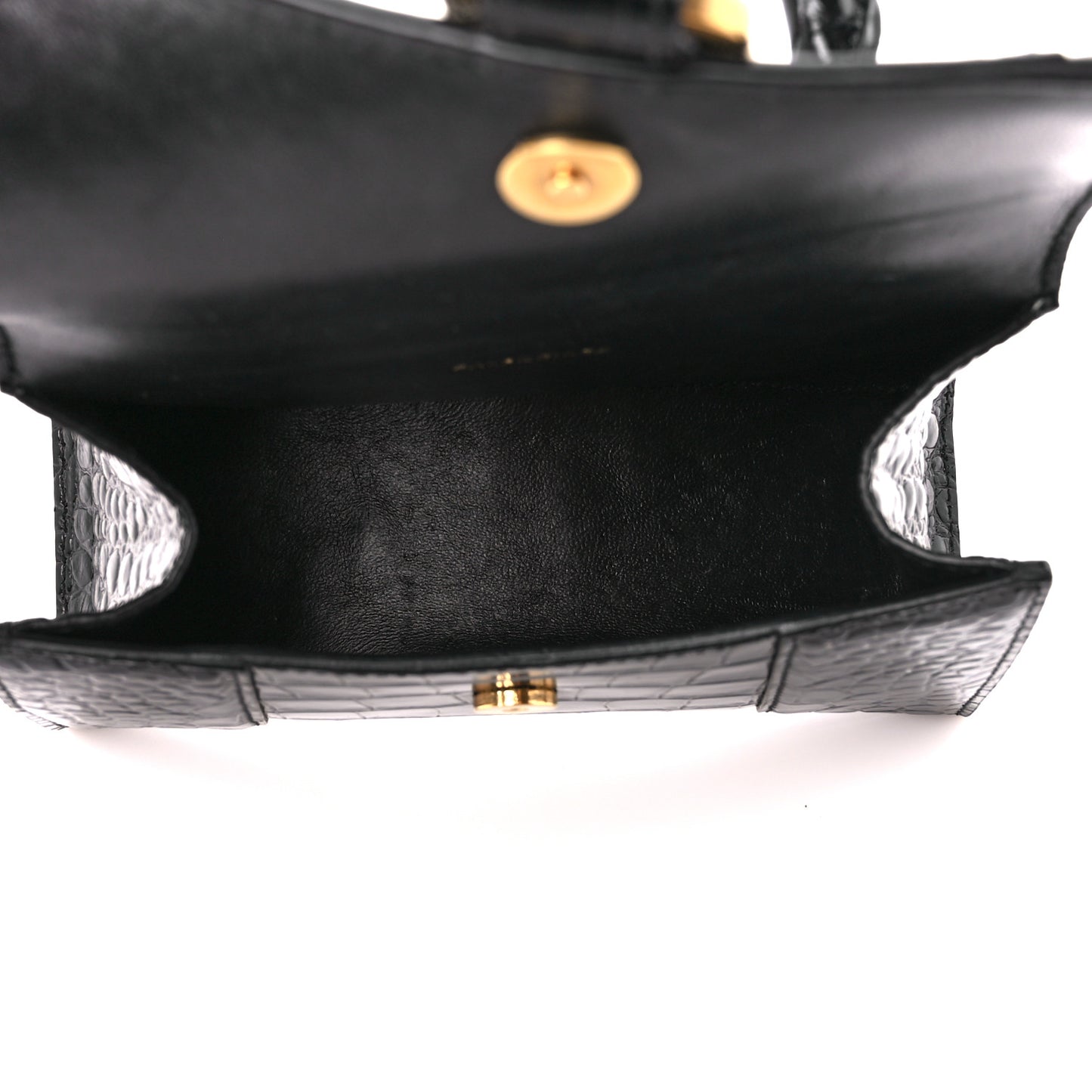 Shiny Calfskin Crocodile Embossed Hourglass Top Handle Bag XS Black