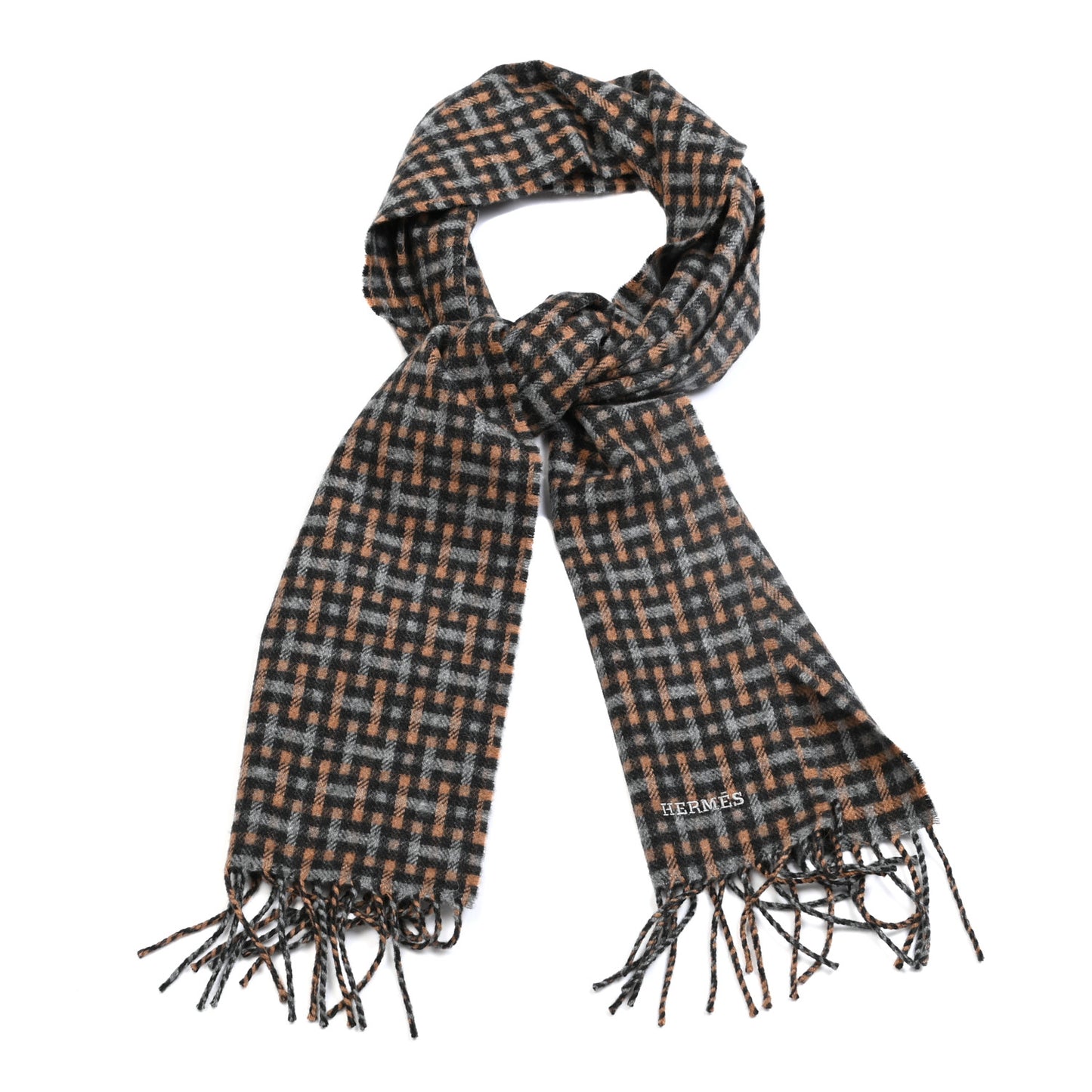 Cashmere H Ecossais Muffler Black Flanelle Camel