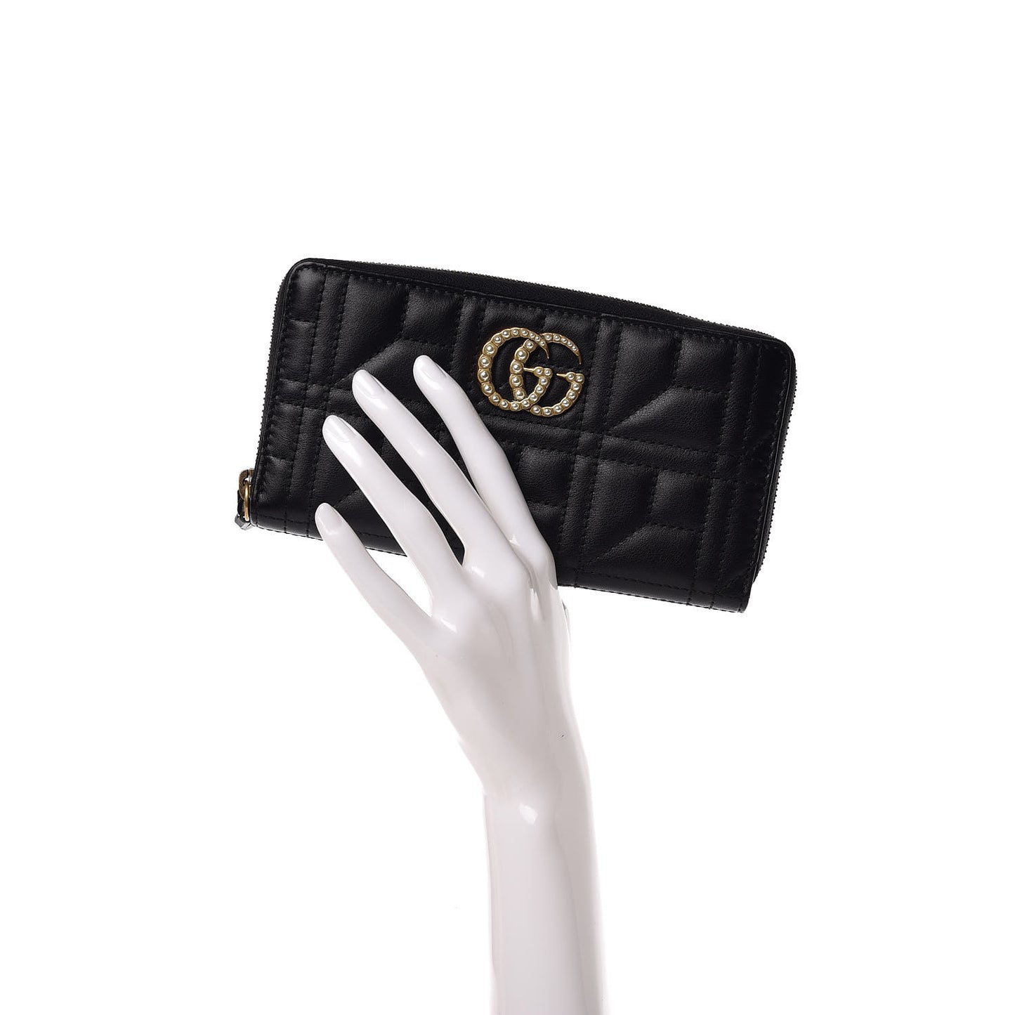 Calfskin Matelasse Pearly GG Marmont Zip Around Wallet Black