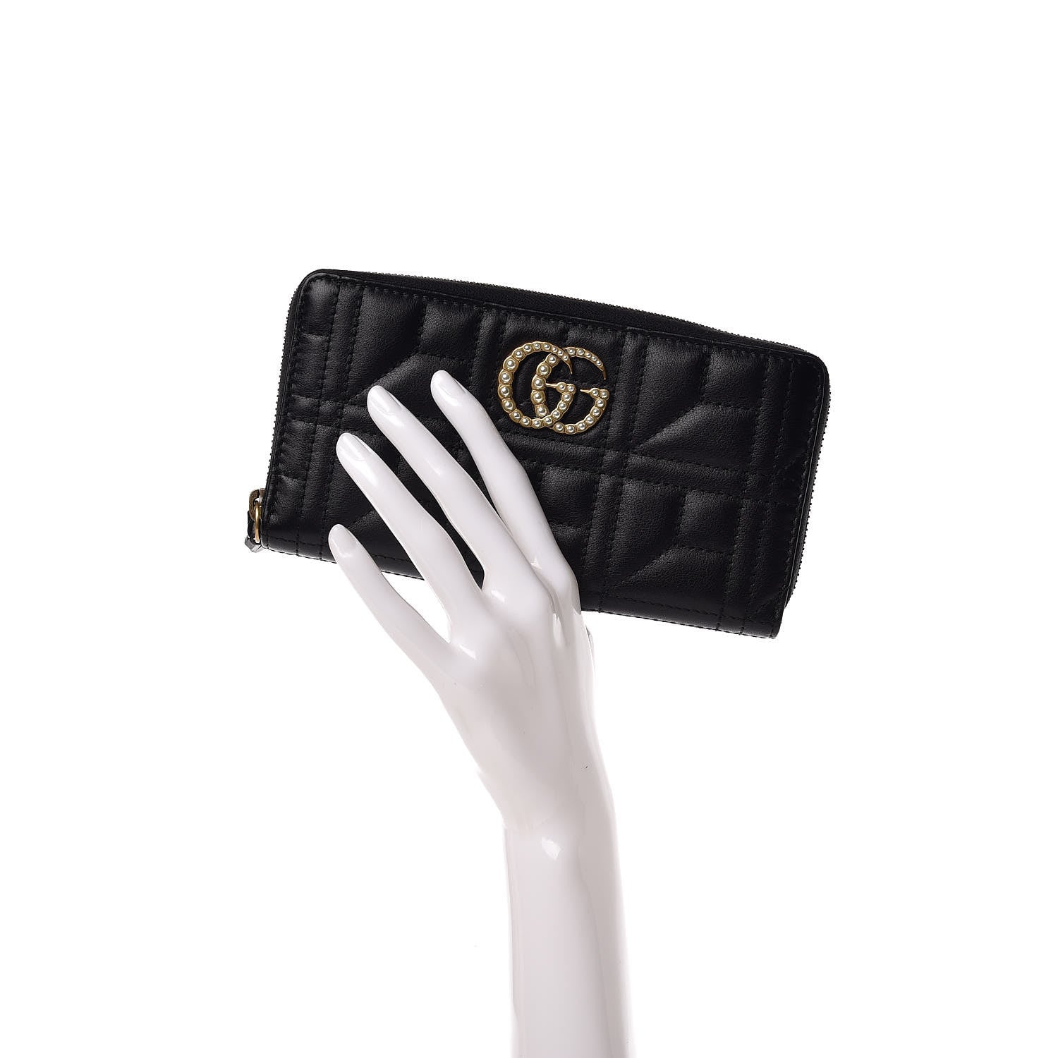 Gucci Calfskin Matelasse Pearly GG Marmont Zip Around Wallet Black 2 of 10