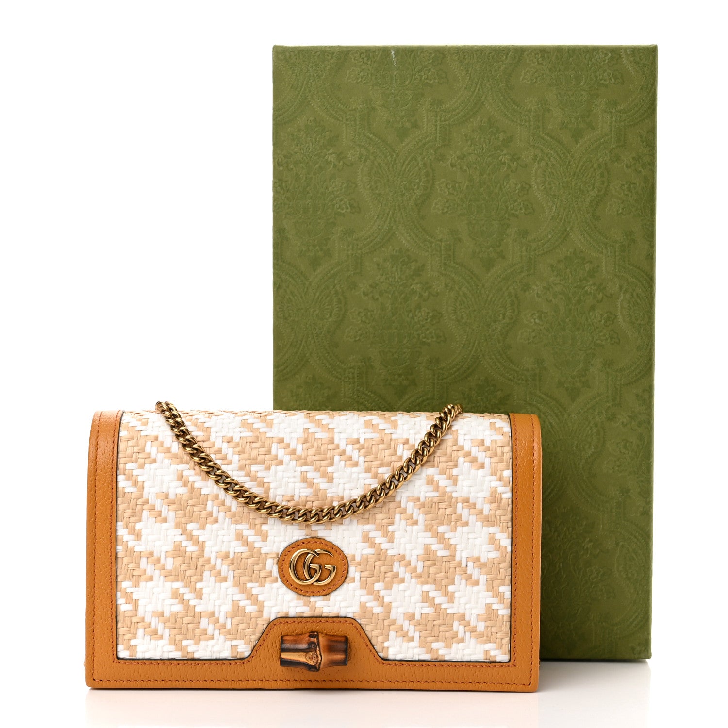 Gucci Polished Raffia Textured Dollar Calfskin Houndstooth Mini Diana Chain Bag Natural Sun Oil Mystic White 9 of 9