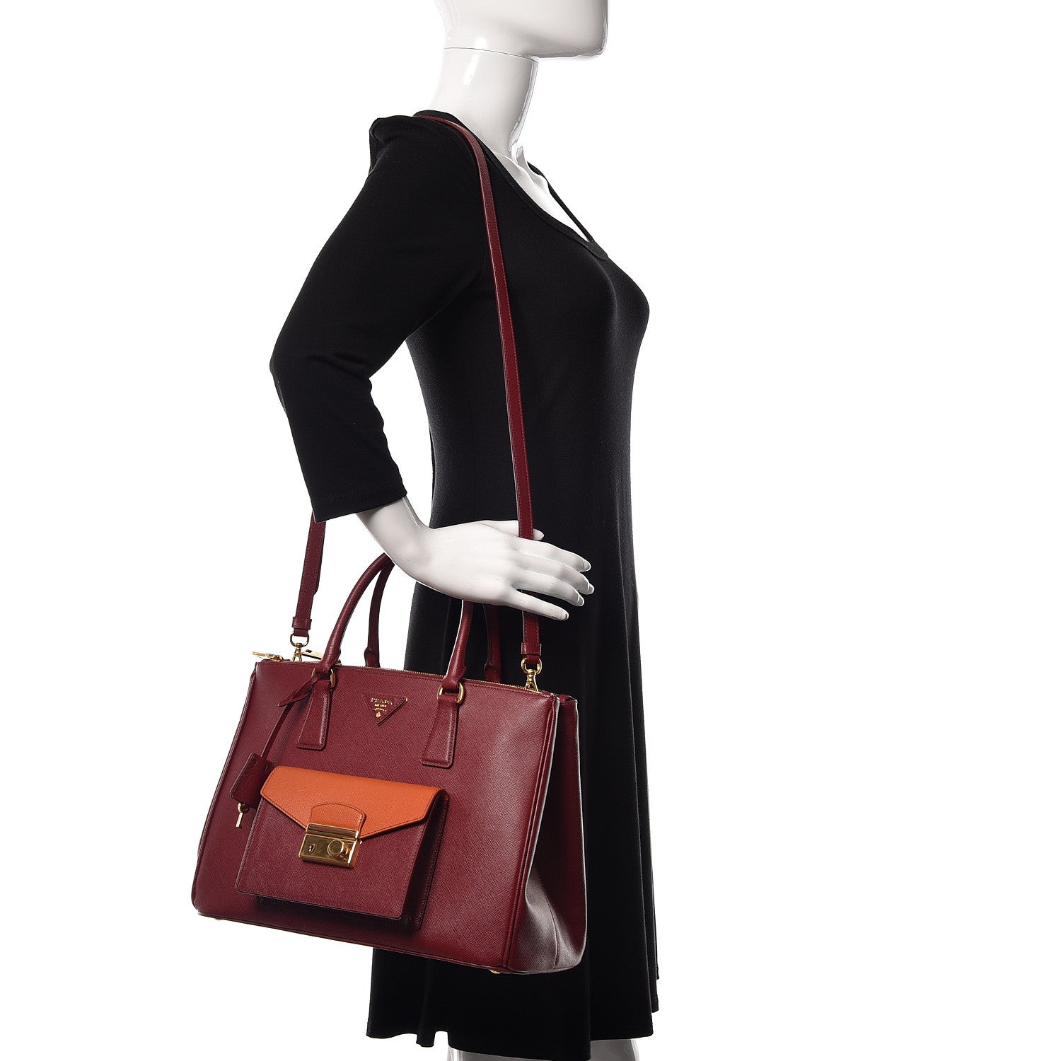 Prada Saffiano Lux Galleria Front Pocket Tote Cerise Papaya 2 of 9