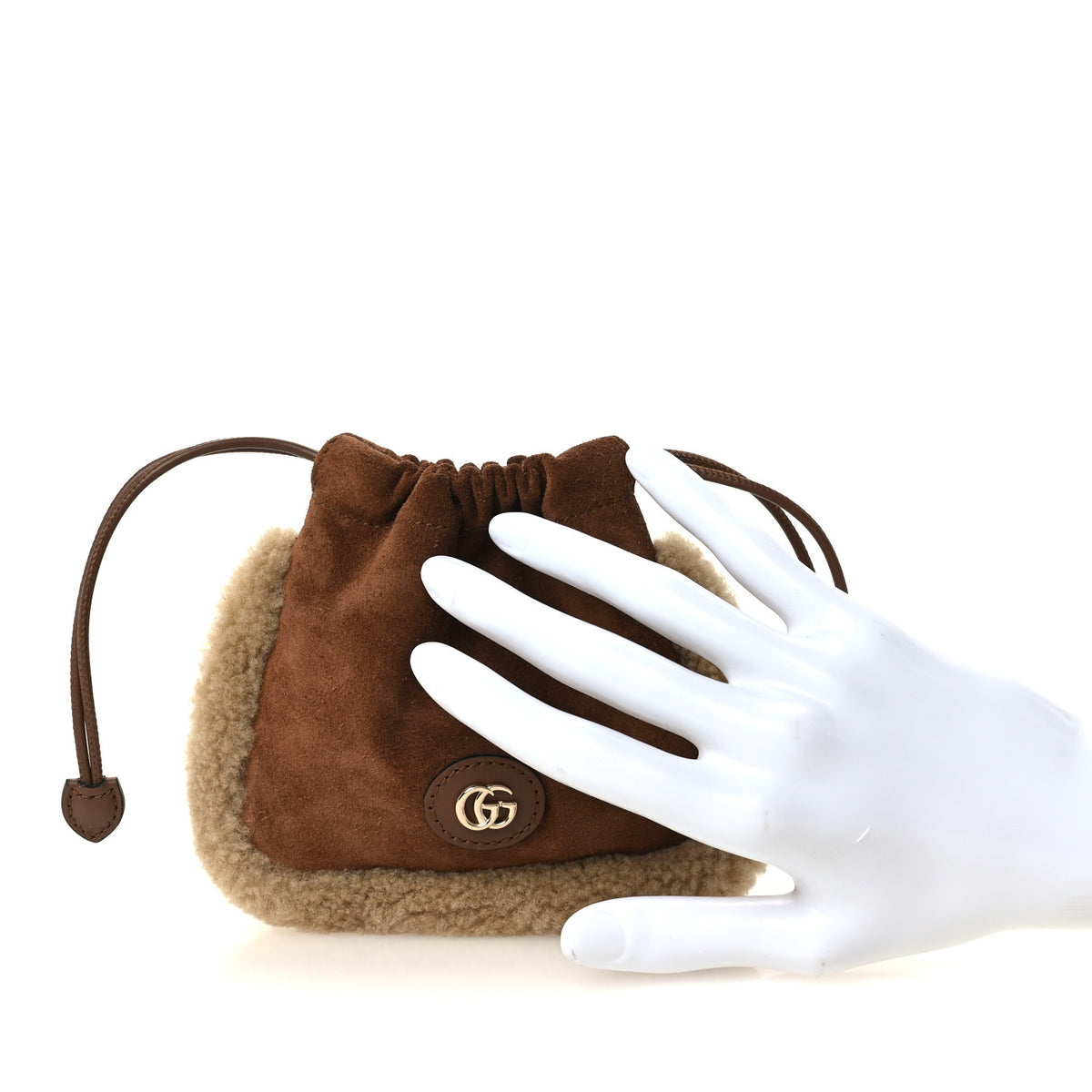 Gucci Suede Shearling Nano Pouch Keyring Bag Charm Brown 2 of 10