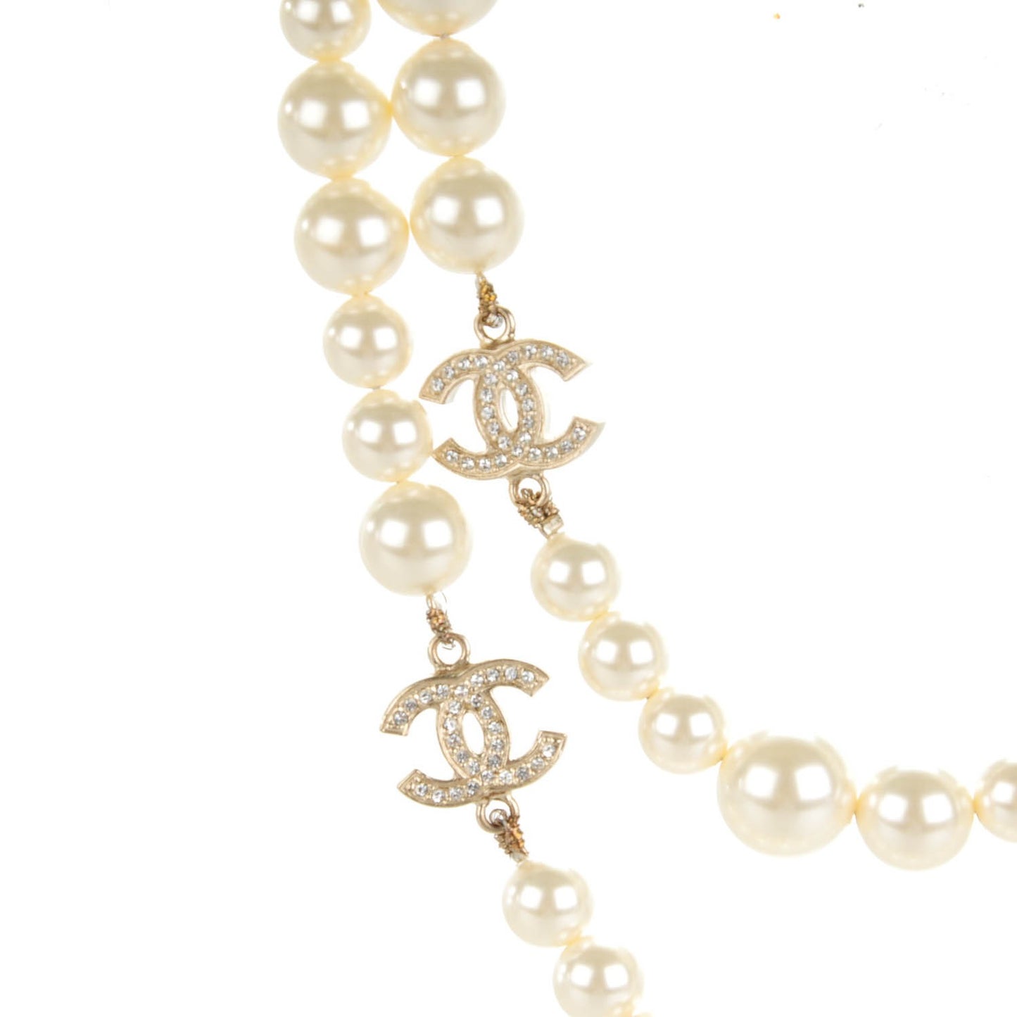 Graduated Pearl Crystal CC Long Necklace White