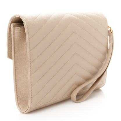Saint Laurent Grain De Poudre Matelasse Chevron Monogram Envelope Clutch Dark Beige 3 of 9
