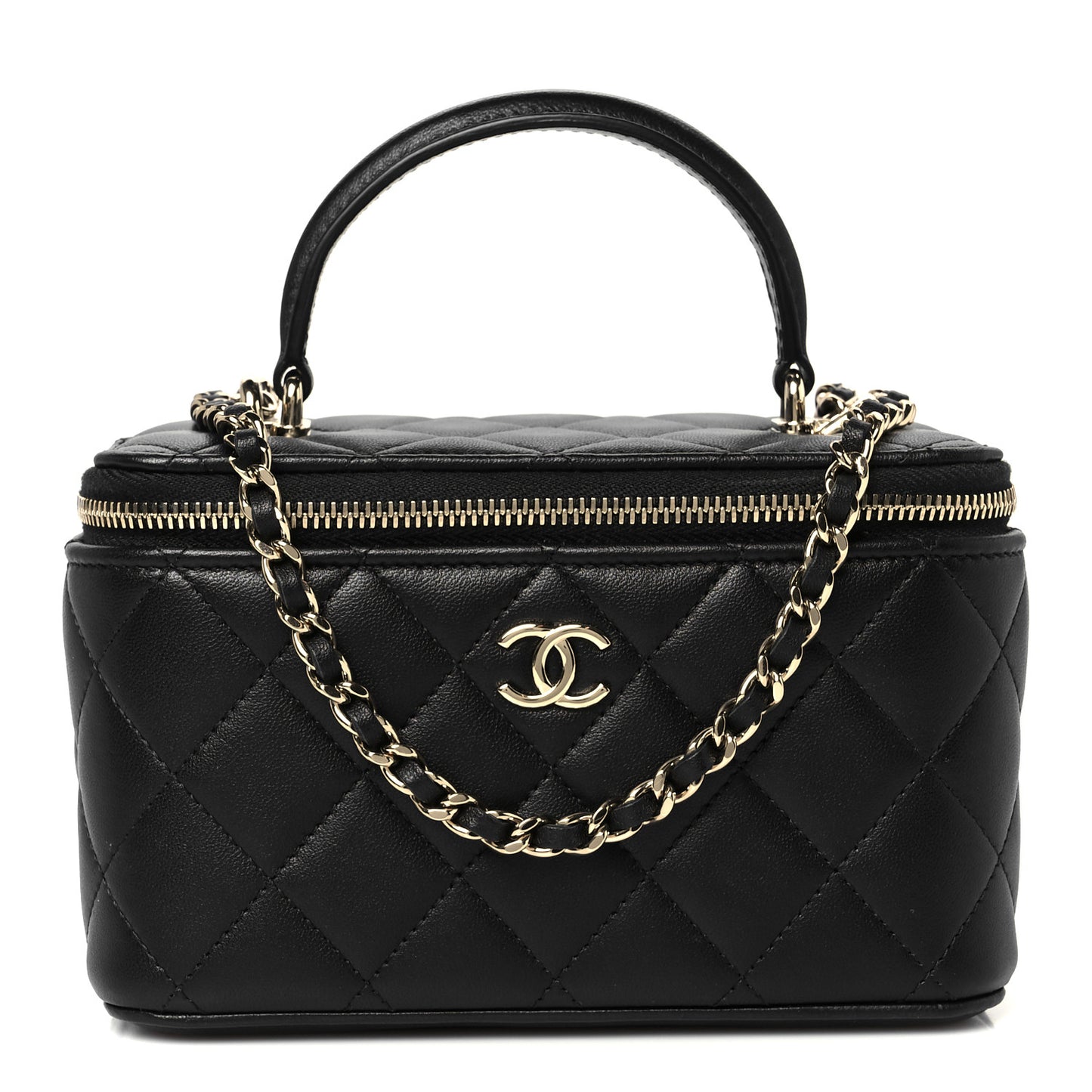 Lambskin Quilted Small Top Handle Vanity Case With Chain Black