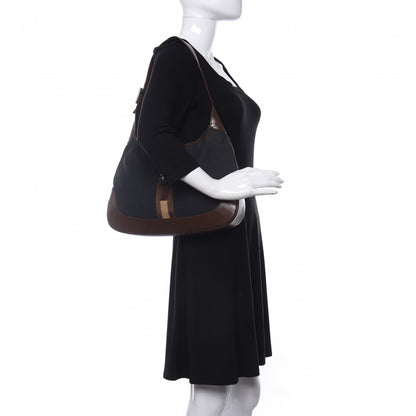 Gucci Canvas Calfskin Jackie O Hobo Navy Brown 2 of 14