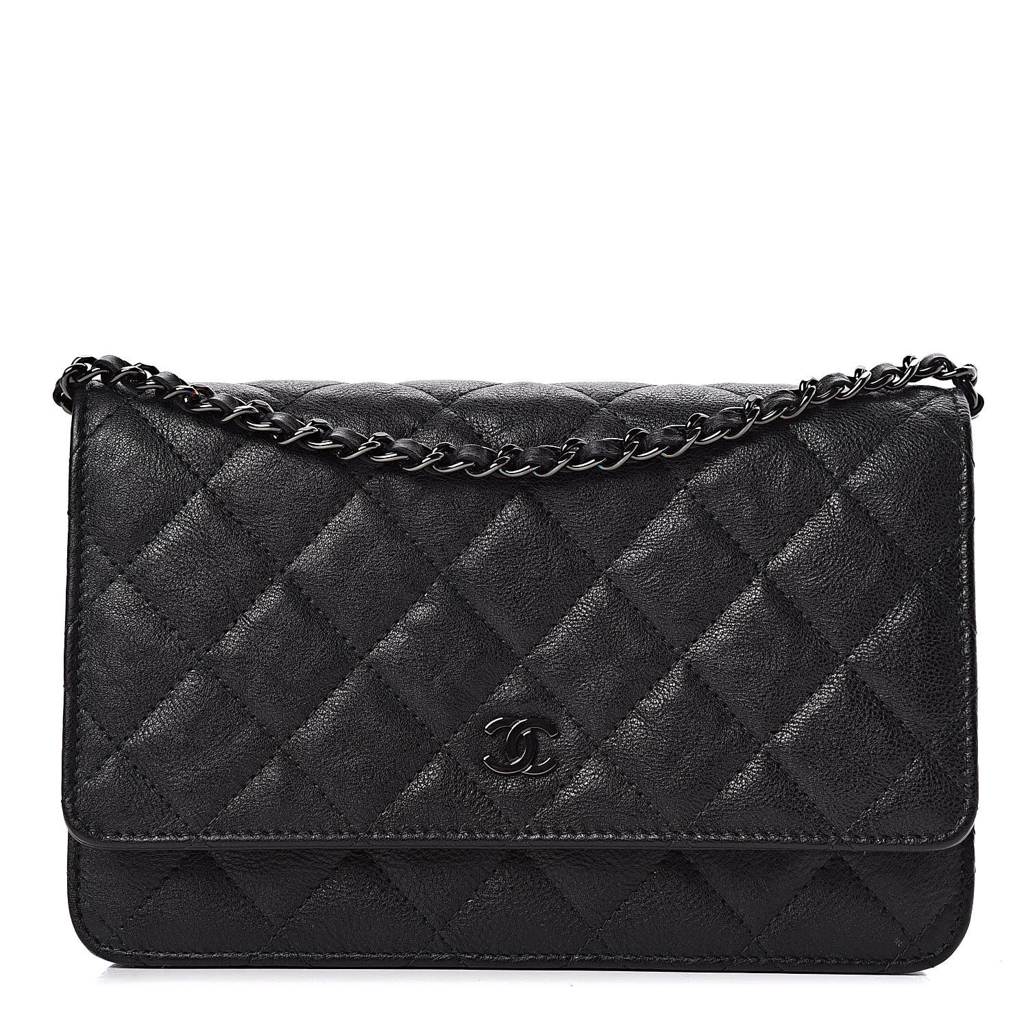 Chanel Crumpled Calfskin Quilted Wallet On Chain WOC So Black 1 of 14