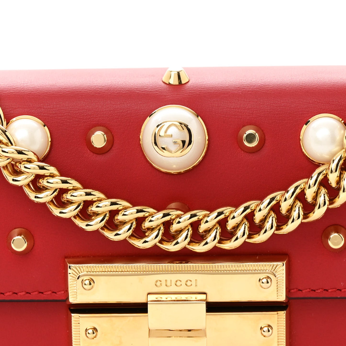Calfskin Studded Small Padlock Shoulder Bag Hibiscus Red