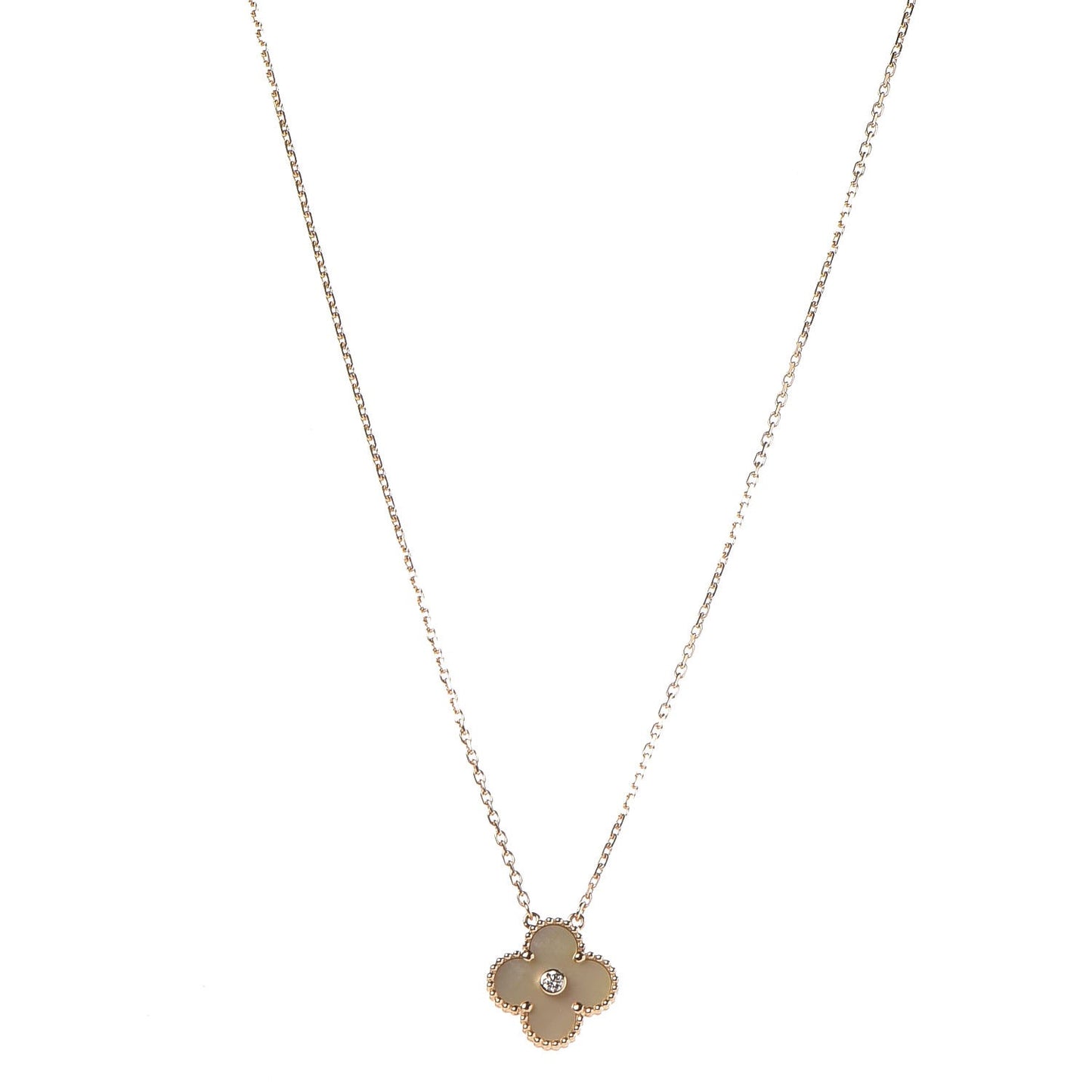 18K Yellow Gold Diamond Yellow Mother of Pearl Vintage Alhambra Pendant Necklace