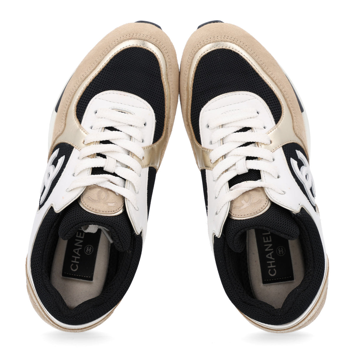 Chanel Mesh Suede Calfskin Grained Calfskin Womens CC Sneakers 37 White Black Beige Gold 2 of 11