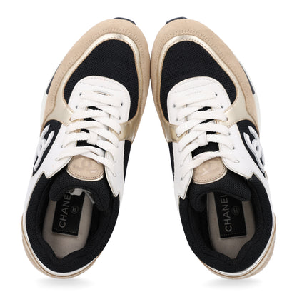 Chanel Mesh Suede Calfskin Grained Calfskin Womens CC Sneakers 37 White Black Beige Gold 2 of 11