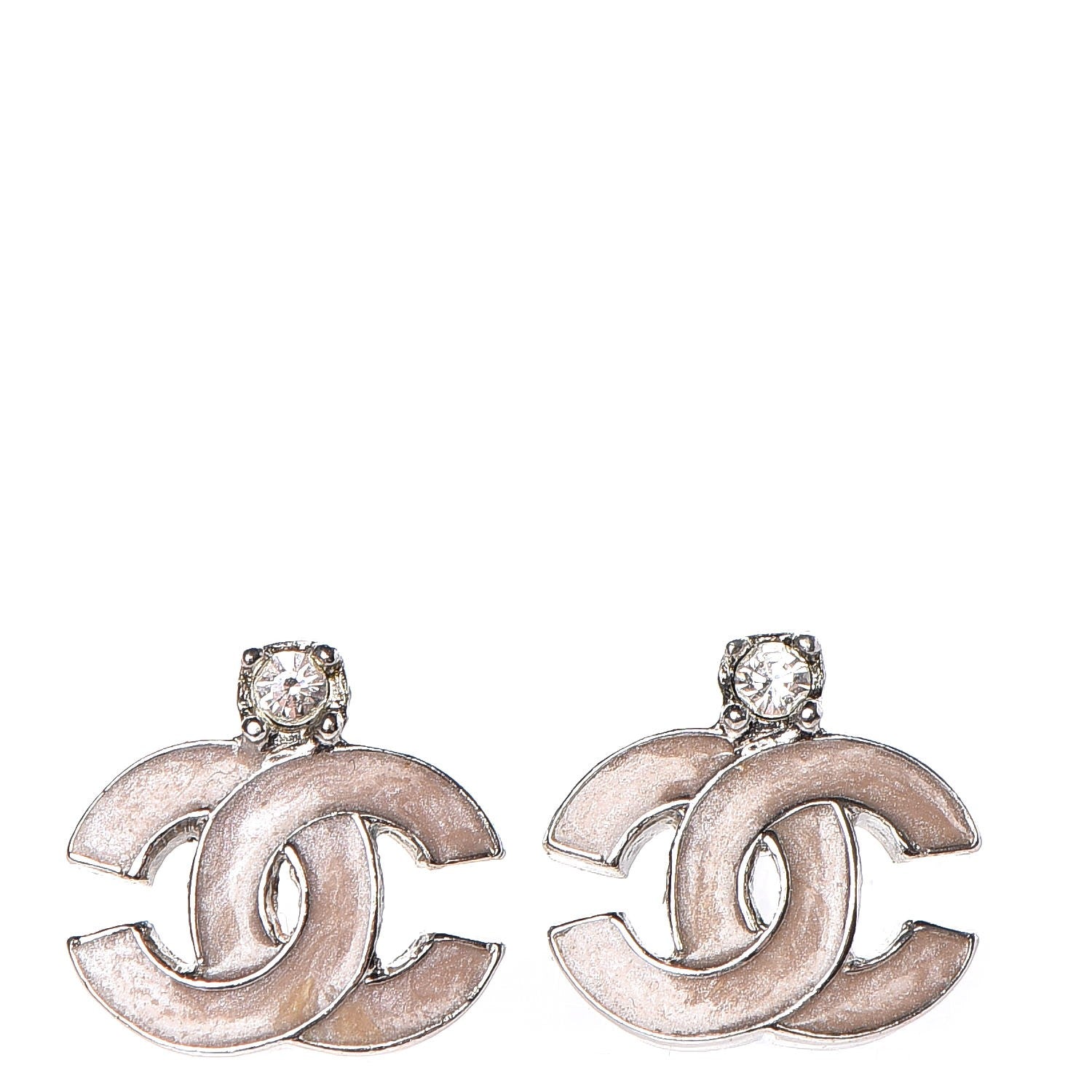 Chanel Enamel Crystal CC Earrings Beige Silver 1 of 5