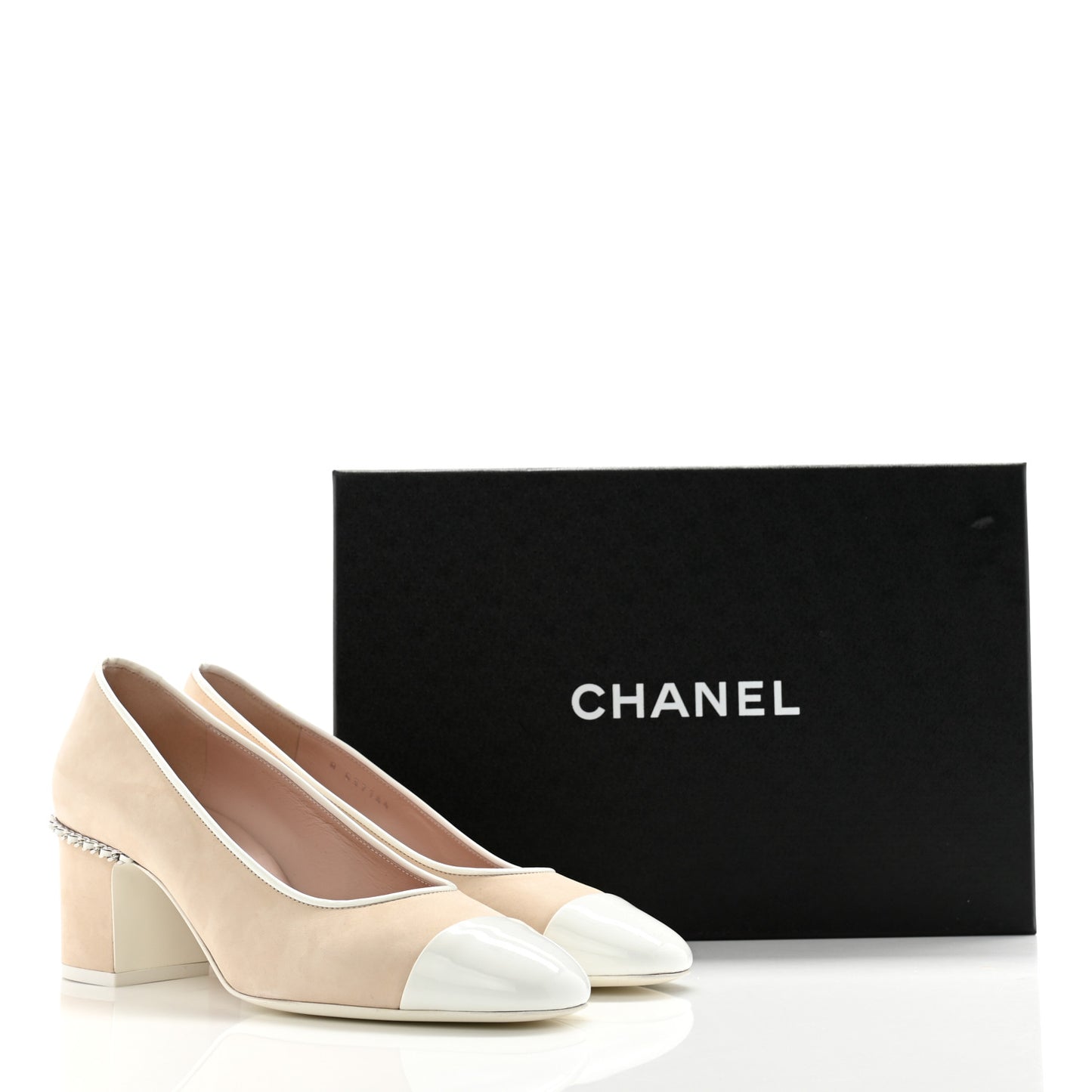 Velvet Matte Calfskin Patent Chain CC Cap Toe Pumps 39 Beige White