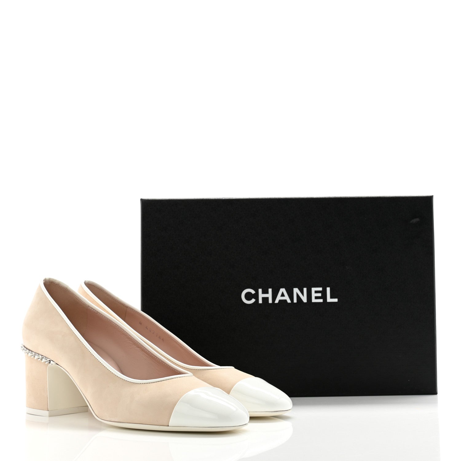 Chanel Velvet Matte Calfskin Patent Chain CC Cap Toe Pumps 39 Beige White 12 of 12