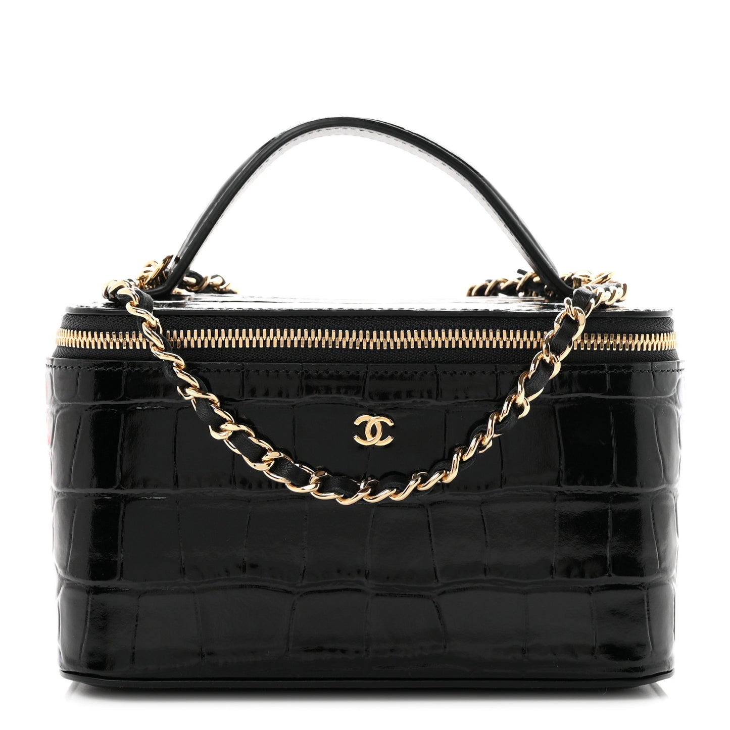 Calfskin Crocodile Embossed Crococo Small Top Handle Vanity Case With Chain Black