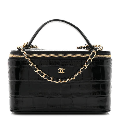 Chanel Calfskin Crocodile Embossed Crococo Small Top Handle Vanity Case With Chain Black 1 of 11