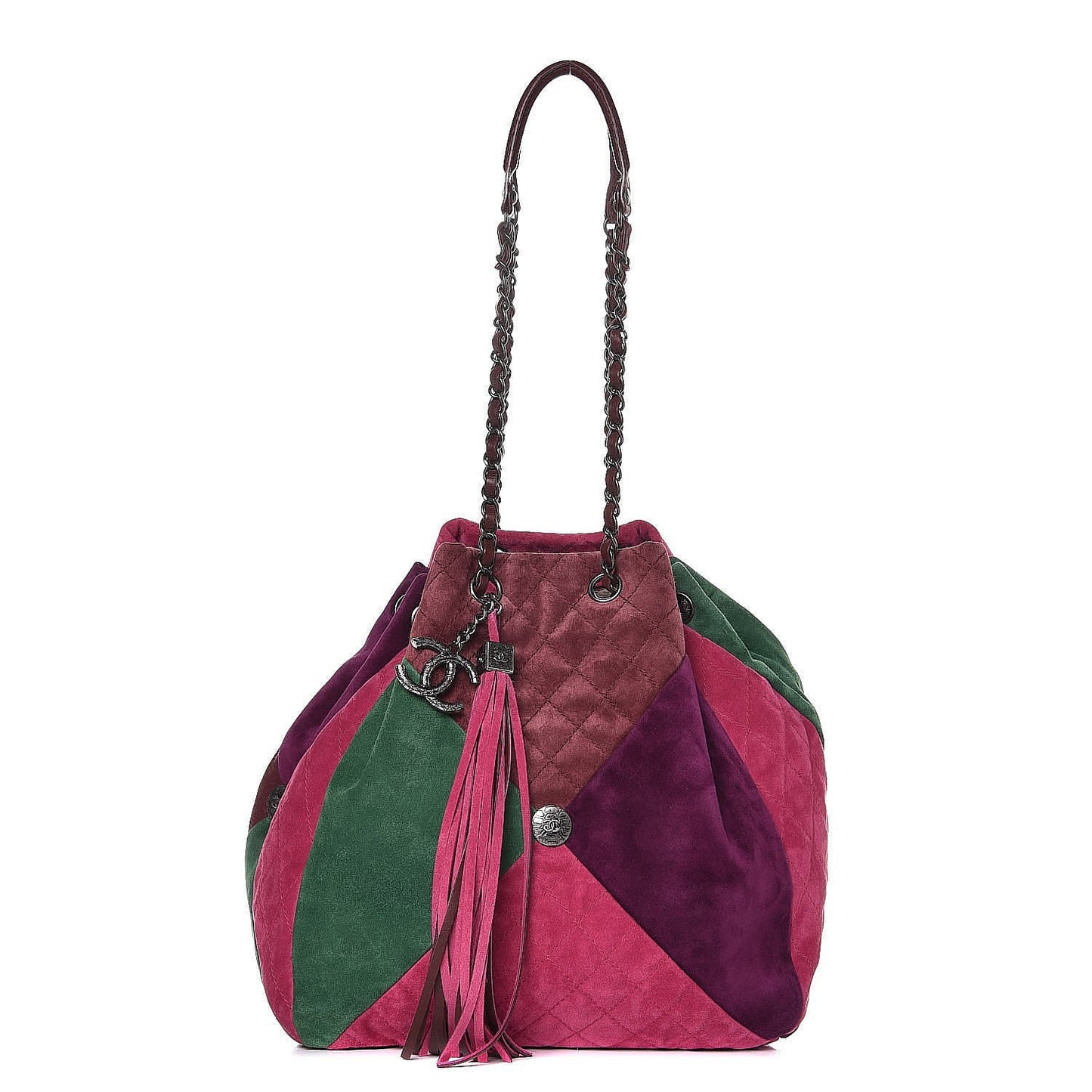 Suede Quilted Patchwork Drawstring Bag Green Pink Purple Burgundy