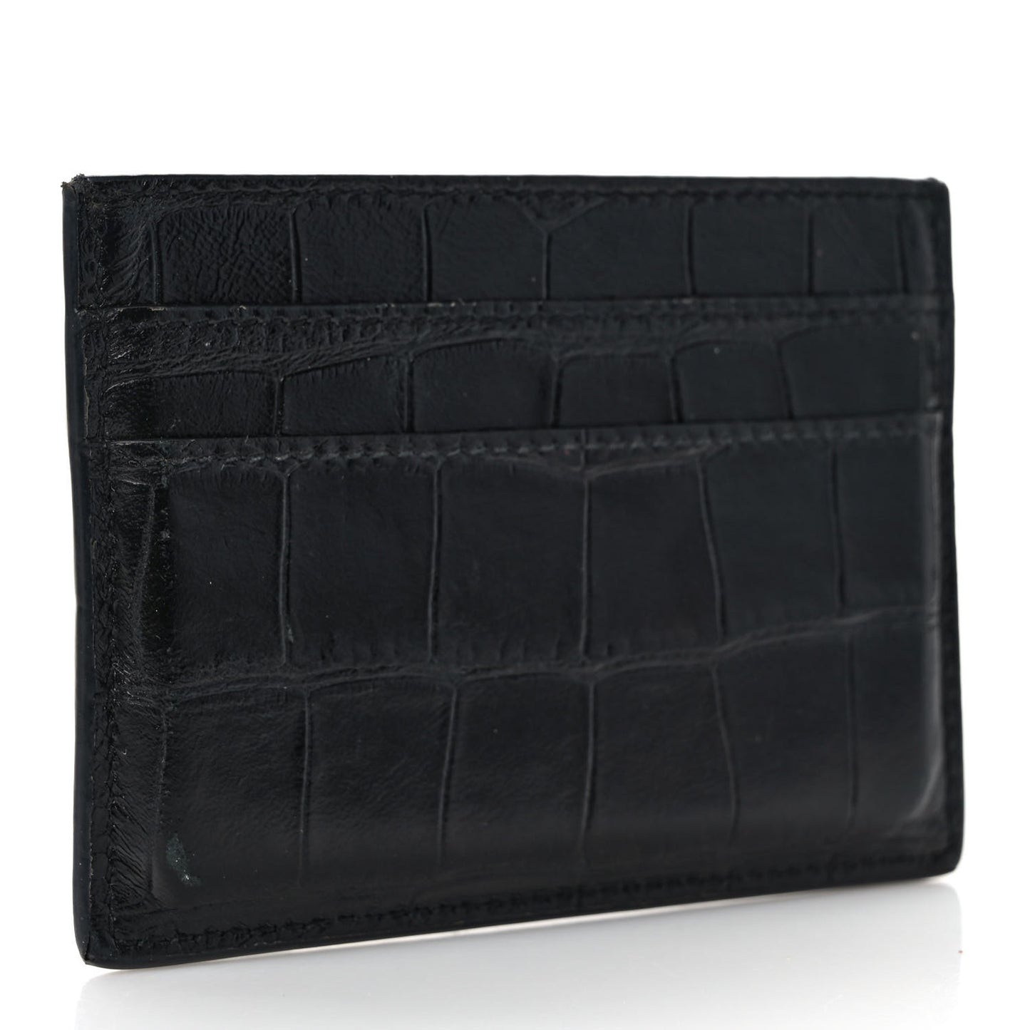 Shiny Calfskin Crocodile Embossed Logo Plate Card Case Black